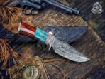 Damascus Hunting Knife — Hand-Forged, Stag Horn Handle, Leather Sheath (RK-383)
