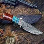 Damascus Hunting Knife — Hand-Forged, Stag Horn Handle, Leather Sheath (RK-383)