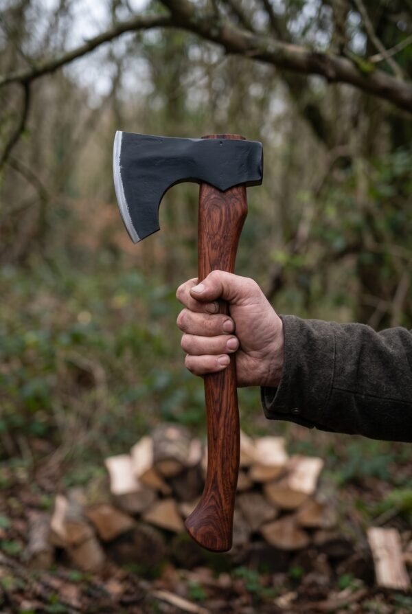 Bearded axe with dark forged head and rosewood handle held upright in one hand in a woodland with a log pile behind