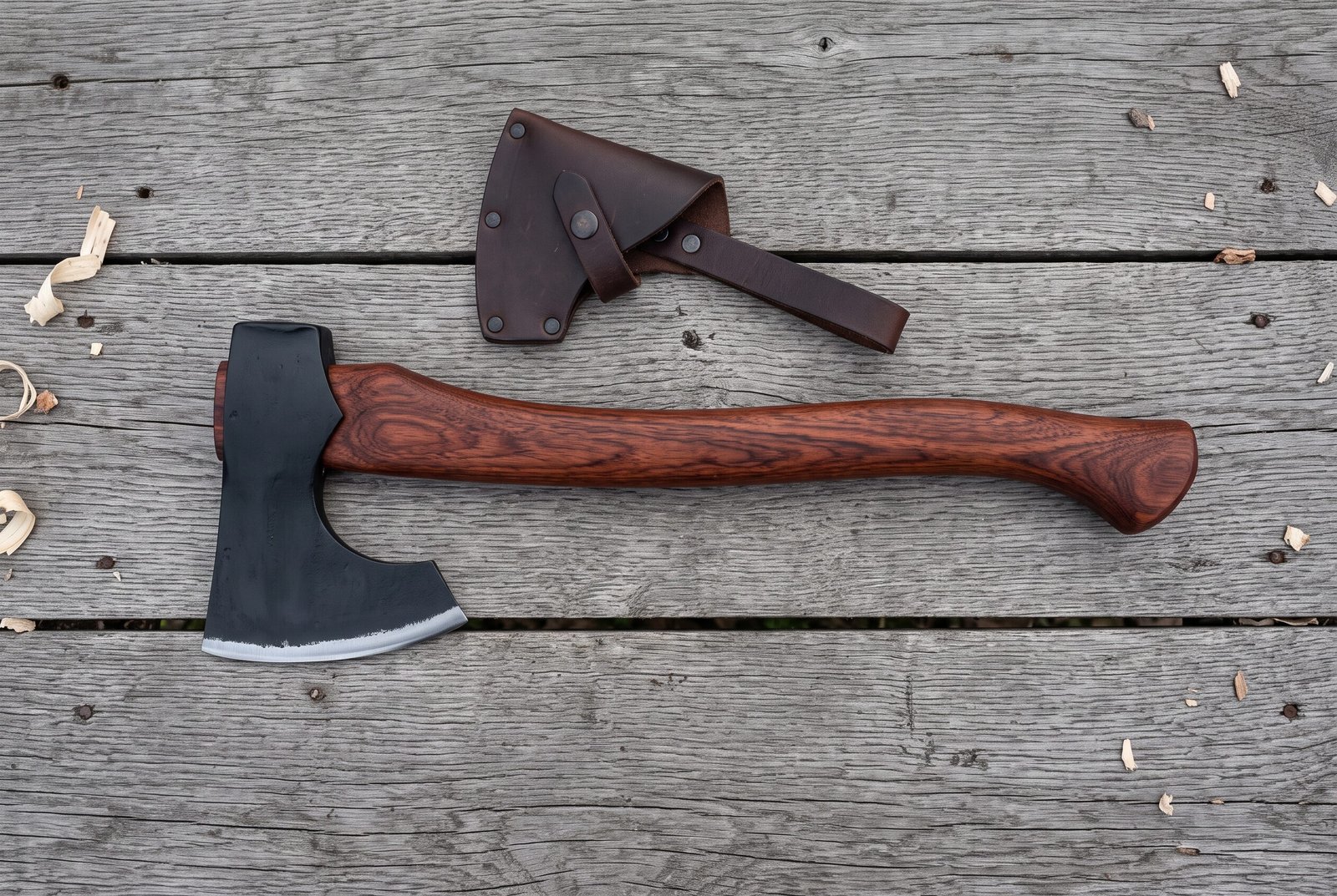 Bearded axe with rosewood handle lying on grey wooden boards beside its dark brown leather blade cover and wood shavings Bearded axe with rosewood handle lying on grey wooden boards beside its dark brown leather blade cover and wood shavings