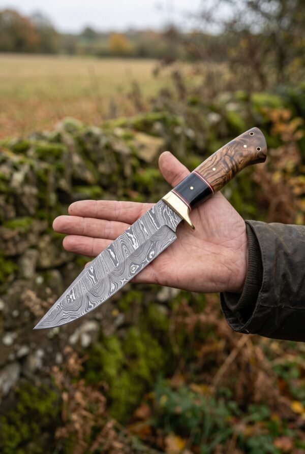 Damascus bowie knife with brass guard and stabilized wood handle held flat in an open hand outdoors by a field
