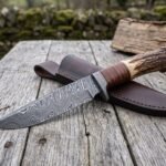 Staghide Hand Forged Damascus Bowie Knife with Stag Horn and Stacked Leather Handle and Damascus Bolster & Leather Sheath | Hunting and Camping Bowie Gift | RK-385