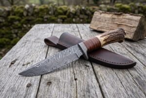 Damascus bowie knife with stag horn and stacked leather handle laid across its brown leather sheath on a rustic table