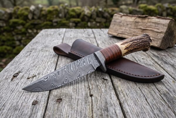 Damascus bowie knife with stag horn and stacked leather handle laid across its brown leather sheath on a rustic table