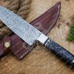 Damascus Chef Knife, Hand-Forged, Hardwood Handle, Leather Sheath | Engraving Available