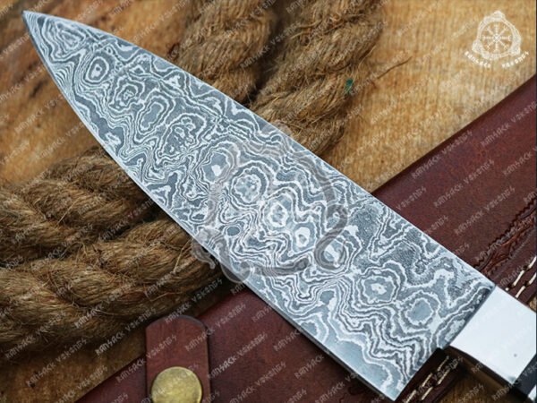 Damascus Chef Knife, Hand-Forged, Hardwood Handle, Leather Sheath | Engraving Available - view 2