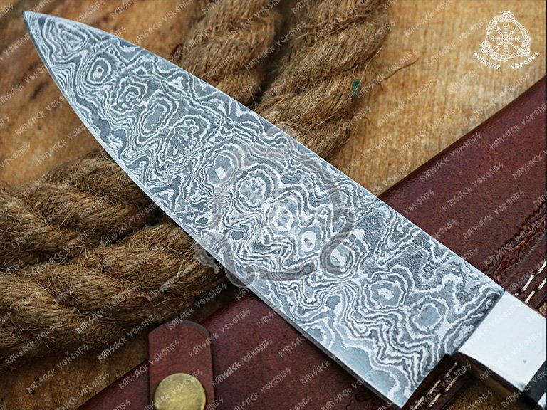 Damascus Chef Knife, Hand-Forged, Hardwood Handle, Leather Sheath | Engraving Available - view 2