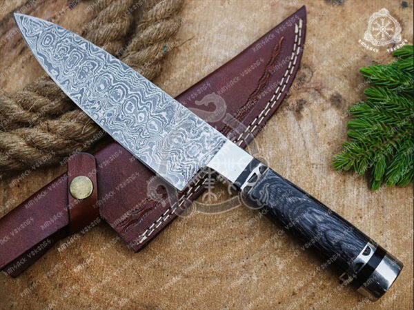 Damascus Chef Knife, Hand-Forged, Hardwood Handle, Leather Sheath | Engraving Available
