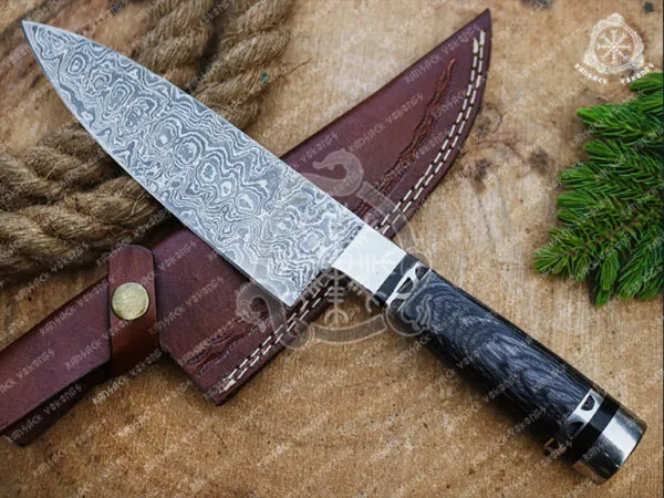 Damascus Chef Knife, Hand-Forged, Hardwood Handle, Leather Sheath | Engraving Available