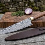 Brasshearth Hand Forged Damascus Chef Knife with Hardwood Handle and Brass Bolster and Fiber Spacers & Leather Sheath | Chef and Housewarming Gift | RK-396
