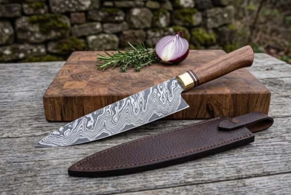 Damascus chef knife with hardwood handle set across a cutting board edge, leather sheath, onion and rosemary behind it outdoors