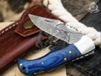 Damascus Folding Pocket Knife, Hand-Forged, 6.5″ Overall, Hardwood Handle, Leather Sheath - view 2