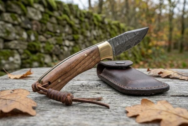 Damascus folding pocket knife with wood handle and brass bolster open on a wooden table, side view with leather pouch