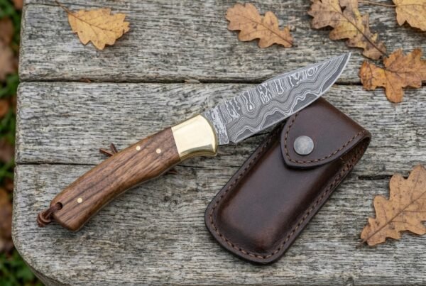 Overhead view of an open Damascus folding knife with wood handle and brass bolster beside a brown leather sheath