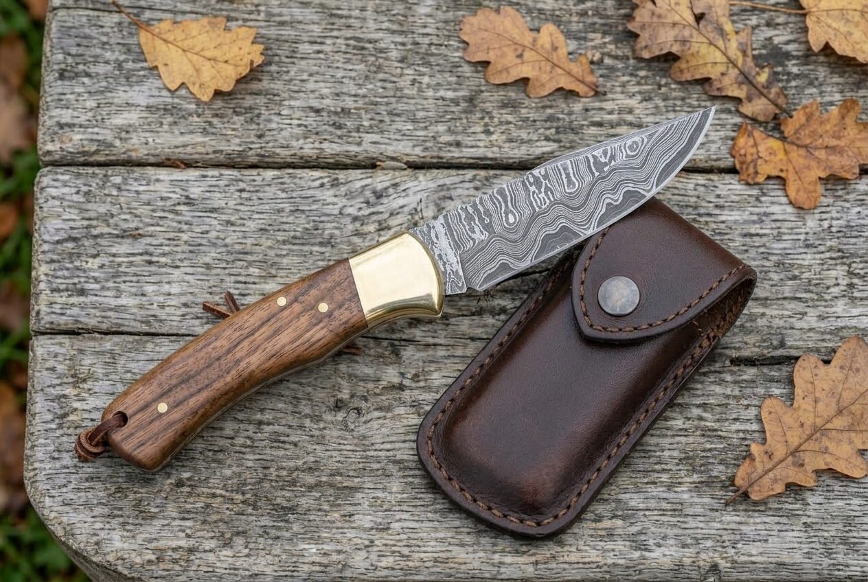 Overhead view of an open Damascus folding knife with wood handle and brass bolster beside a brown leather sheath Overhead view of an open Damascus folding knife with wood handle and brass bolster beside a brown leather sheath