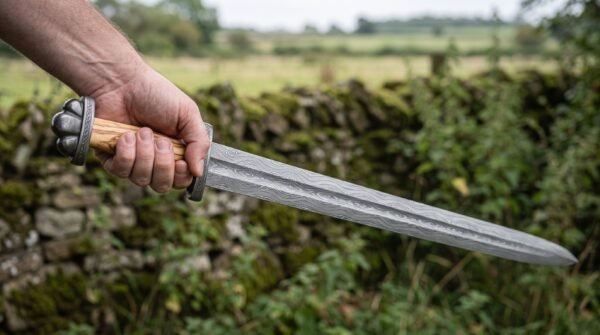 Damascus steel Viking sword with olive wood grip held out in one hand over a mossy stone wall and green fields
