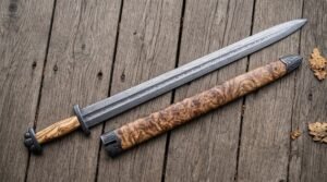 Damascus steel Viking sword and olive burl scabbard with carved steel fittings laid side by side on old wooden boards