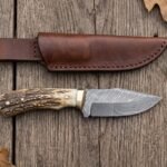 Ramcrest Hand Forged Damascus Skinner Knife with Ram Horn Handle & Leather Sheath | Compact Hunting and Collector Gift | RK-408