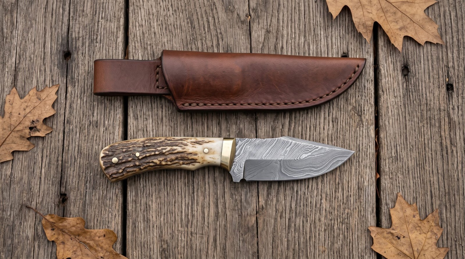 234 (19) Ramcrest Hand Forged Damascus Skinner Knife with Ram Horn Handle & Leather Sheath | Compact Hunting and Collector Gift | RK-408 - Image 1