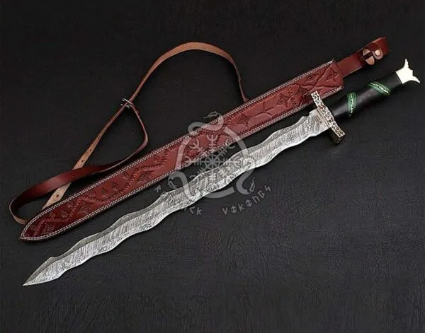 Sword — Hand-Forged Damascus, Olive Wood Handle, Sheath Included
