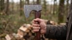 Damascus steel tomahawk axe held upright by the haft in a bare hand beside a forest woodpile, head facing the camera