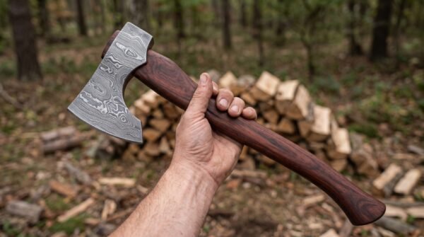 Damascus steel tomahawk axe held up in one hand in front of a stacked woodpile, showing the swirling layered pattern on the head