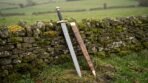 Brassguard Hand Forged Damascus Sword | 30 Inch Overall with 24 Inch Blade | Brass and Micarta Handle and Olive Burl Wooden Scabbard | Collector and Display Gift | RK-510