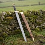 Brassguard Hand Forged Damascus Sword | 30 Inch Overall with 24 Inch Blade | Brass and Micarta Handle and Olive Burl Wooden Scabbard | Collector and Display Gift | RK-510