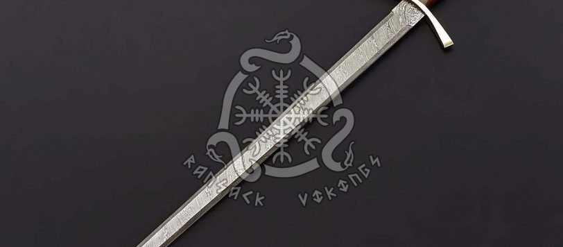Longsword, Hand-Forged Damascus, 37″ Overall, Olive Wood Handle, Sheath Included - view 2