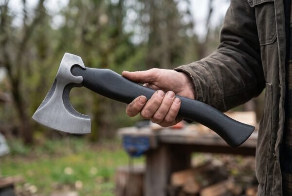 Bearded axe with a curved black wood handle gripped near the head in a side view against a blurred woodland yard