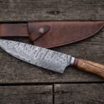 Fireleaf Hand Forged Damascus Chef Knife with Wood Handle and Steel Bolster and Fiber Spacers & Leather Sheath | Chef Kitchen and Wedding Gift | RK-500