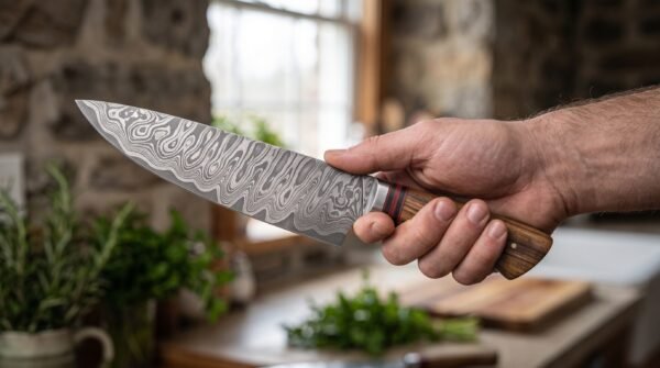 Hand holding a Damascus chef knife with wood handle and steel bolster in a rustic kitchen by a window
