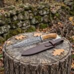 Damascus bowie knife with light wood handle on a tree stump beside its brown leather sheath and autumn leaves