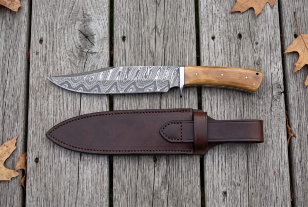 Damascus bowie knife and its long brown leather sheath laid side by side from above on grey planks with leaves