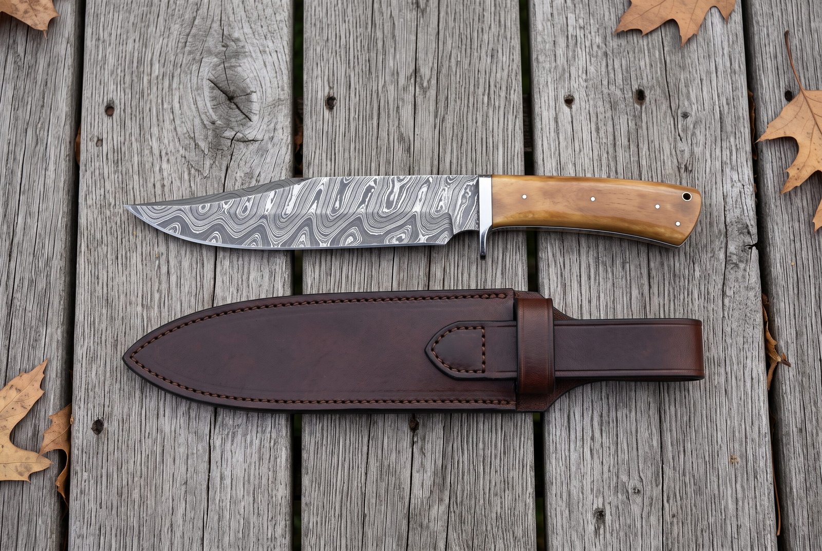 Damascus bowie knife and its long brown leather sheath laid side by side from above on grey planks with leaves Damascus bowie knife and its long brown leather sheath laid side by side from above on grey planks with leaves