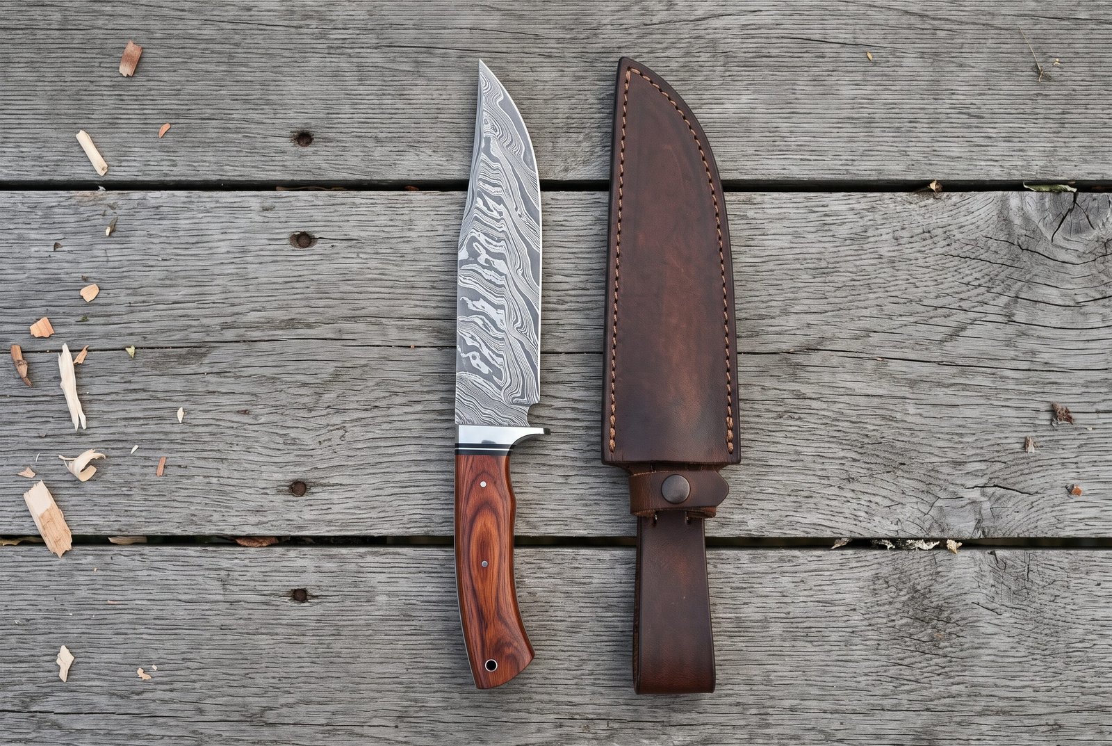 Damascus bowie knife with rosewood handle standing upright next to its dark leather sheath on grey planks, top view Damascus bowie knife with rosewood handle standing upright next to its dark leather sheath on grey planks, top view
