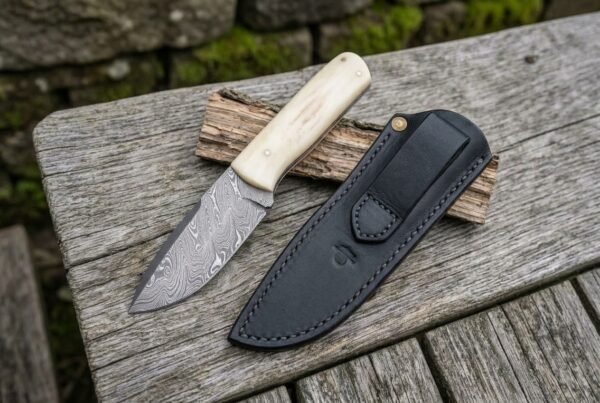 Cowhand Hand Forged Damascus Bull Cutter Knife with Camel Bone Handle & Leather Sheath | Cowboy Ranch and Western Gift | RK-433