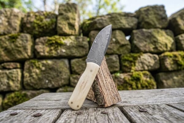 Damascus bull cutter knife with camel bone handle standing upright against a wood block in front of a stone wall