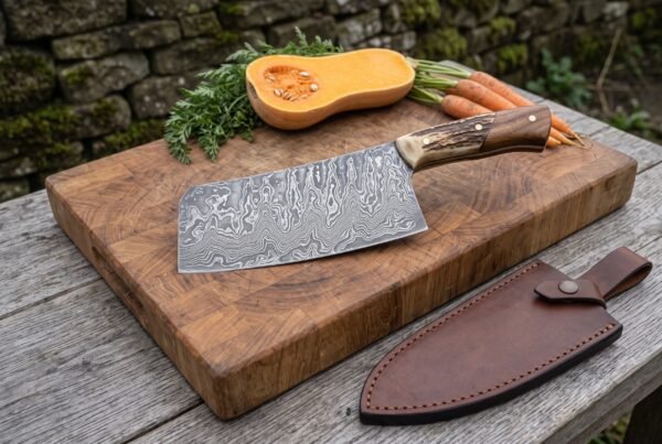 Damascus cleaver with stag horn handle on a butcher block with squash and carrots, brown leather sheath beside it