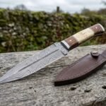 Bonespire Hand Forged Damascus Dagger Knife with Wood and Bone Handle & Leather Sheath | Collector and Display Gift | RK-474