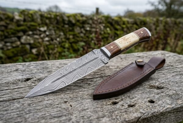 Damascus dagger knife with wood and bone handle propped on a log beside its brown leather sheath outdoors
