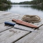 Damascus fillet knife with blue resin handle and tan leather sheath on a weathered lakeside dock beside coiled rope