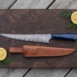 Bluetide Hand Forged Damascus Fish Fillet Knife with Blue Resin Handle & Leather Sheath | Fishing and Anglers Collector Gift | RK-481