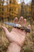 Damascus folding pocket knife with stag horn handle held open on a palm in autumn woodland