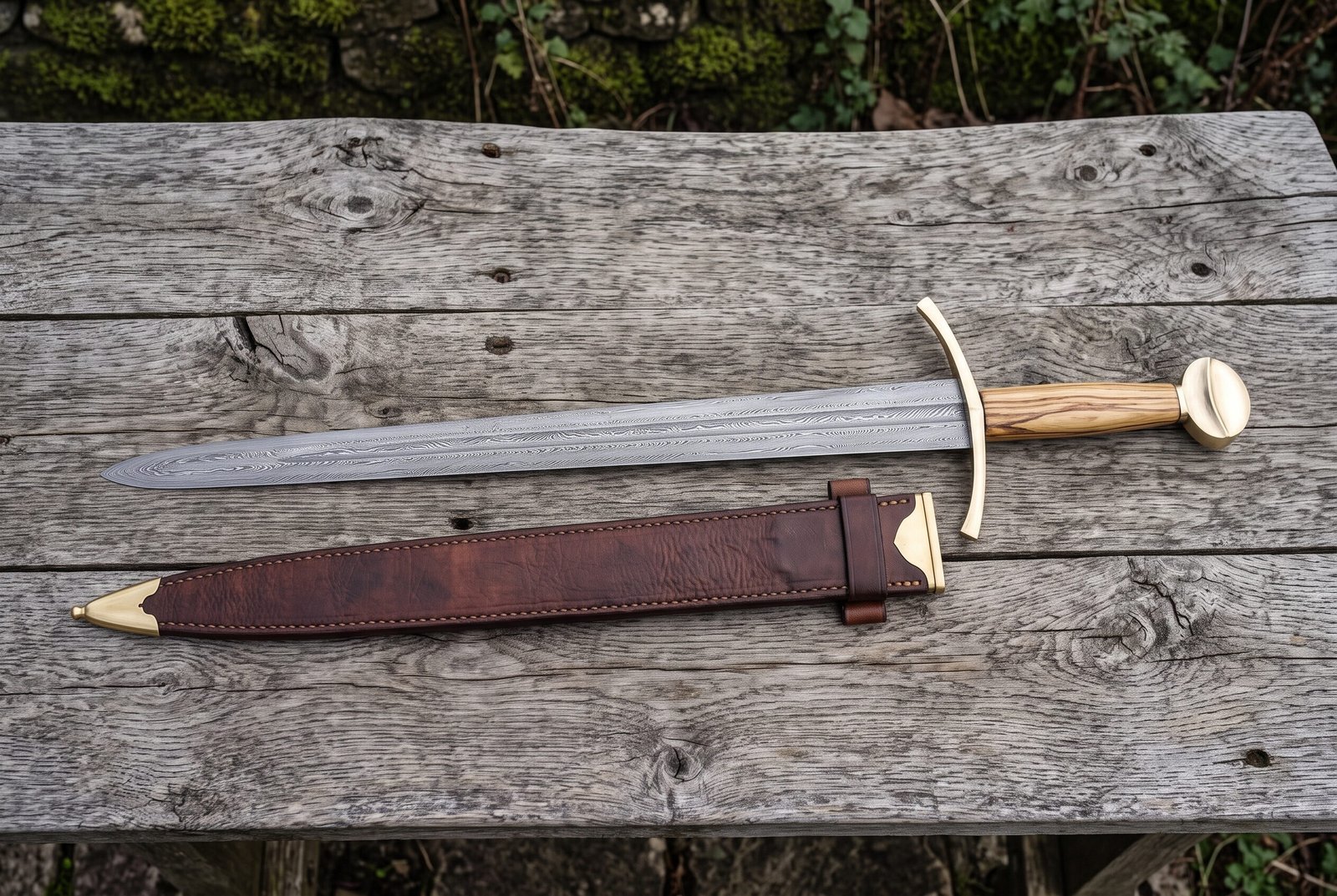 Damascus longsword with olive wood grip resting above its brown leather scabbard with brass tips on a weathered table Damascus longsword with olive wood grip resting above its brown leather scabbard with brass tips on a weathered table