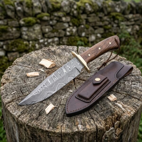 Damascus steel bowie knife with wood handle and brass guard on a tree stump with wood chips, brown leather sheath beside it