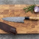 Olivekeen Hand Forged Damascus Chef Knife with Olive Wood Handle & Leather Sheath | Chef Kitchen and Wedding Gift | RK-434
