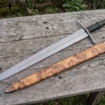 Leatherspine Hand Forged Damascus Dagger Sword | 30 Inch Overall with 23 Inch Blade | Wrapped Leather Handle and Olive Burl Wooden Scabbard | Collector and Display Gift | RK-511
