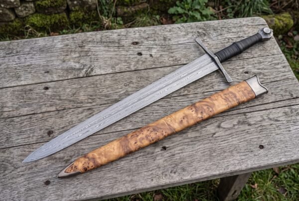 Damascus steel dagger sword with wrapped leather handle beside its olive burl wood scabbard on a weathered table