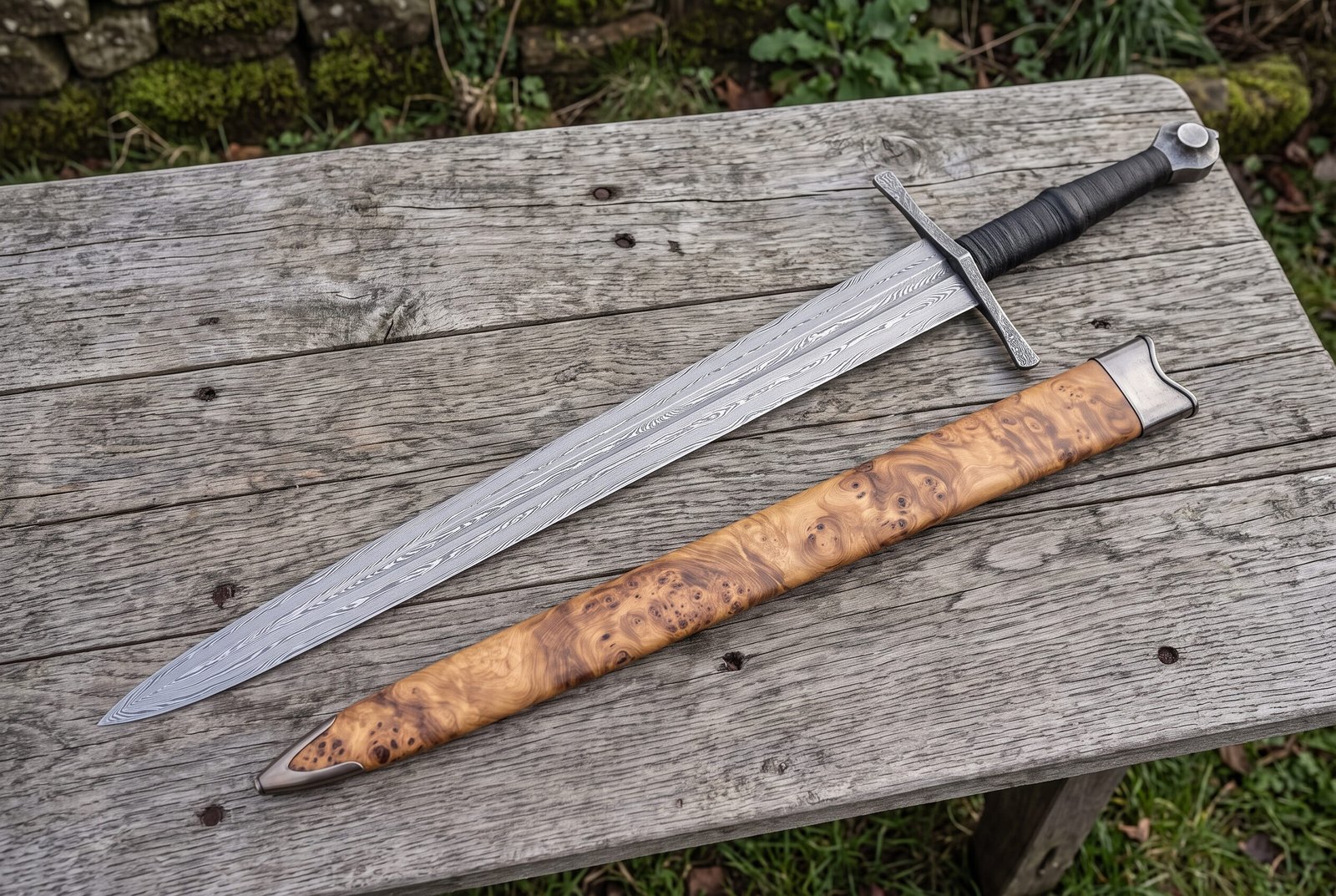 Damascus steel dagger sword with wrapped leather handle beside its olive burl wood scabbard on a weathered table Damascus steel dagger sword with wrapped leather handle beside its olive burl wood scabbard on a weathered table